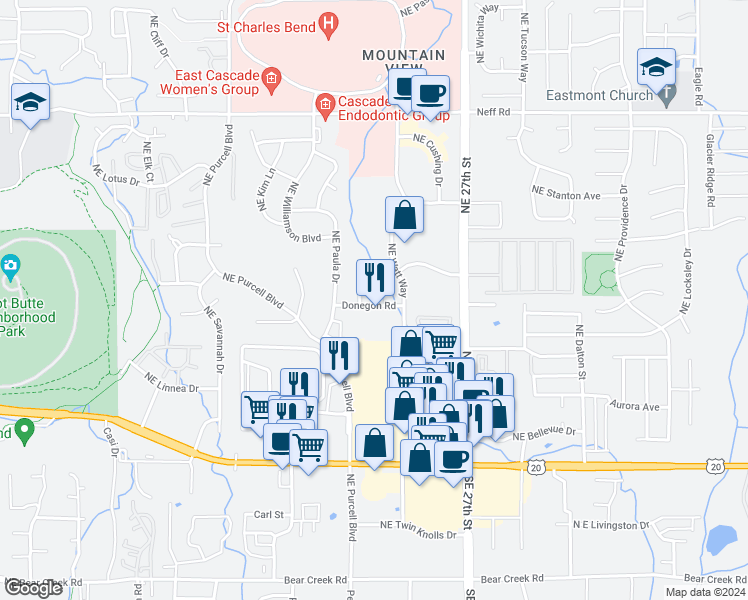 map of restaurants, bars, coffee shops, grocery stores, and more near 1017 Northeast Rambling Lane in Bend