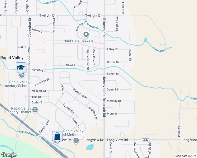 map of restaurants, bars, coffee shops, grocery stores, and more near 2580 Shad Street in Rapid City