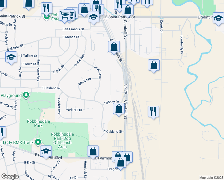 map of restaurants, bars, coffee shops, grocery stores, and more near 1318 Sydney Dr in Rapid City