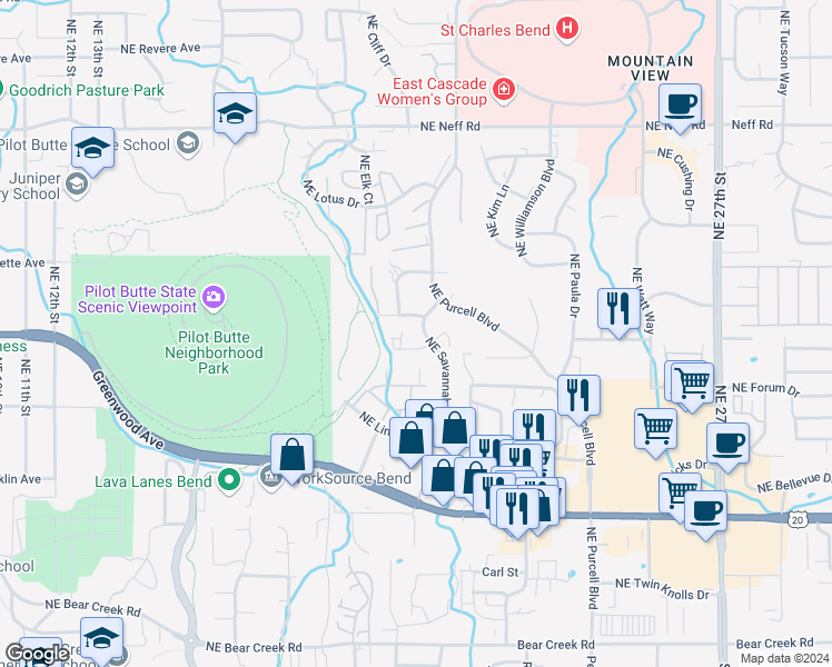 map of restaurants, bars, coffee shops, grocery stores, and more near 2043 Northeast Zachary Court in Bend