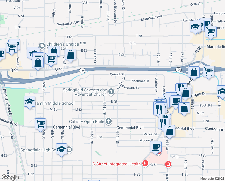 map of restaurants, bars, coffee shops, grocery stores, and more near 1630 North 12th Street in Springfield