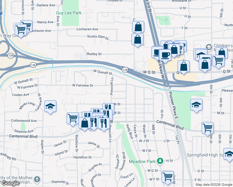 map of restaurants, bars, coffee shops, grocery stores, and more near 1551 Prescott Lane in Springfield