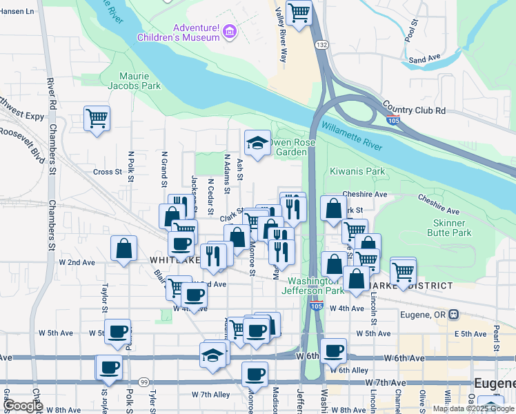 map of restaurants, bars, coffee shops, grocery stores, and more near 10 North Monroe Street in Eugene