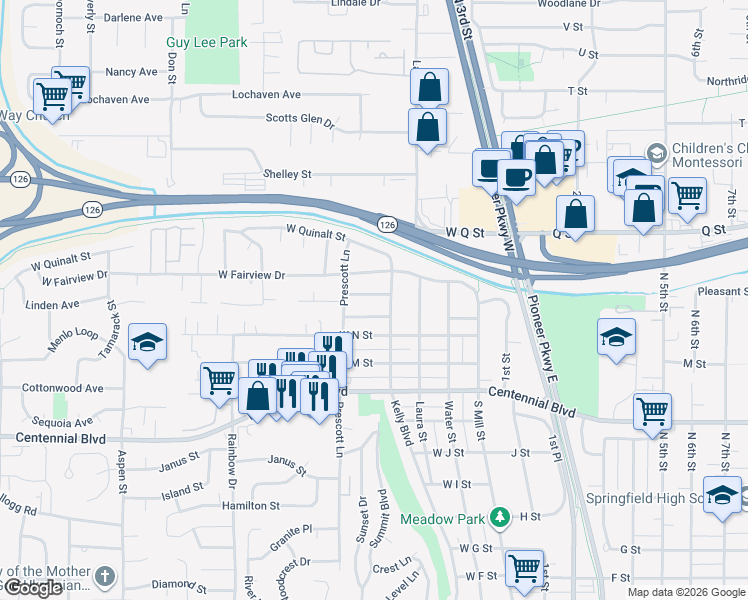 map of restaurants, bars, coffee shops, grocery stores, and more near 535 Pacific Avenue in Springfield