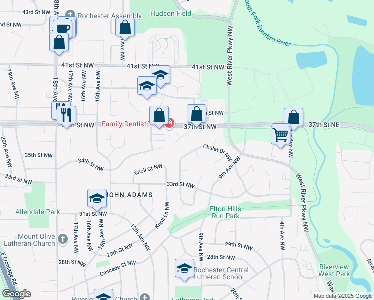 map of restaurants, bars, coffee shops, grocery stores, and more near 1020 Chalet Drive Northwest in Rochester