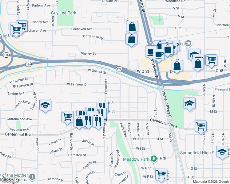 map of restaurants, bars, coffee shops, grocery stores, and more near 414 West Olympic Street in Springfield