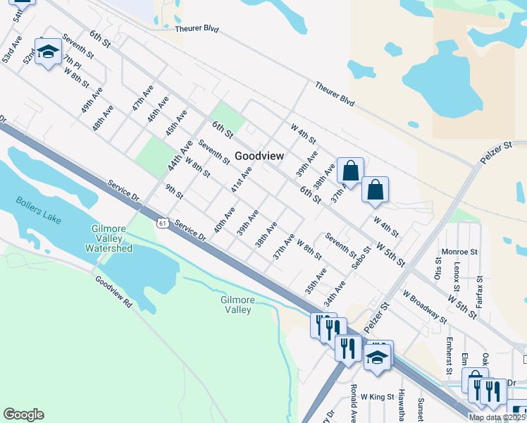 map of restaurants, bars, coffee shops, grocery stores, and more near 815 38th Avenue in Goodview