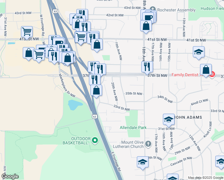map of restaurants, bars, coffee shops, grocery stores, and more near 3509 20th Avenue Northwest in Rochester
