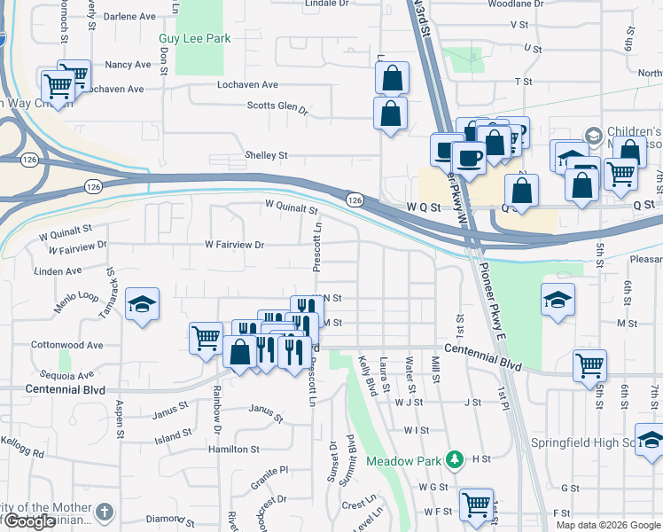 map of restaurants, bars, coffee shops, grocery stores, and more near 1551 Prescott Lane in Springfield