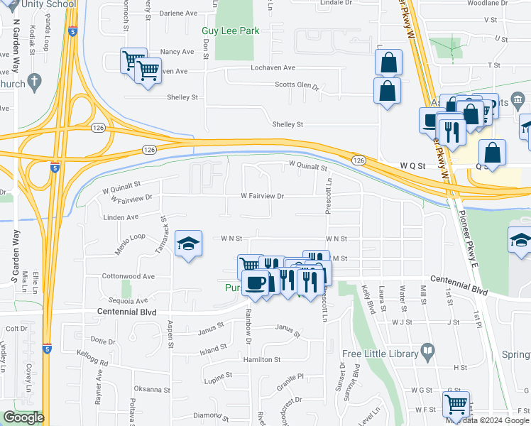 map of restaurants, bars, coffee shops, grocery stores, and more near 1602 Rainbow Drive in Springfield