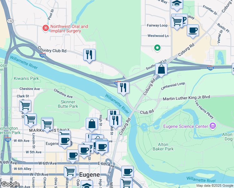 map of restaurants, bars, coffee shops, grocery stores, and more near 22 Club Road in Eugene
