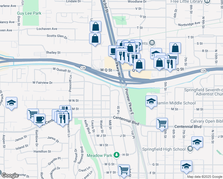 map of restaurants, bars, coffee shops, grocery stores, and more near 1625 North 1st Street in Springfield