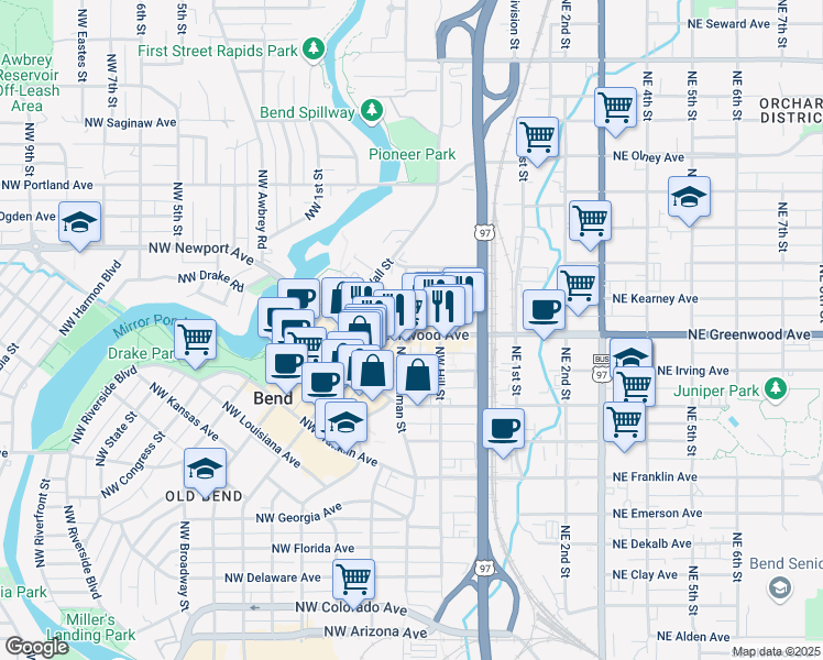 map of restaurants, bars, coffee shops, grocery stores, and more near 121 Northwest Greenwood Avenue in Bend