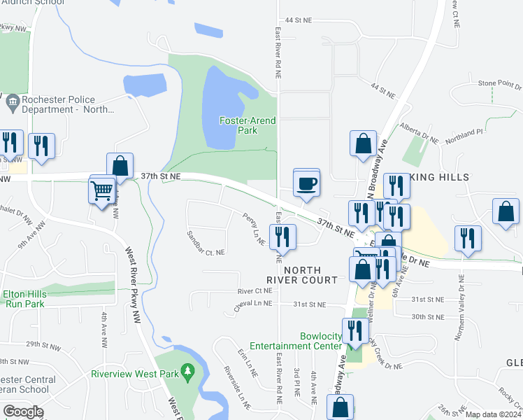 map of restaurants, bars, coffee shops, grocery stores, and more near 253 Penny Lane Northeast in Rochester