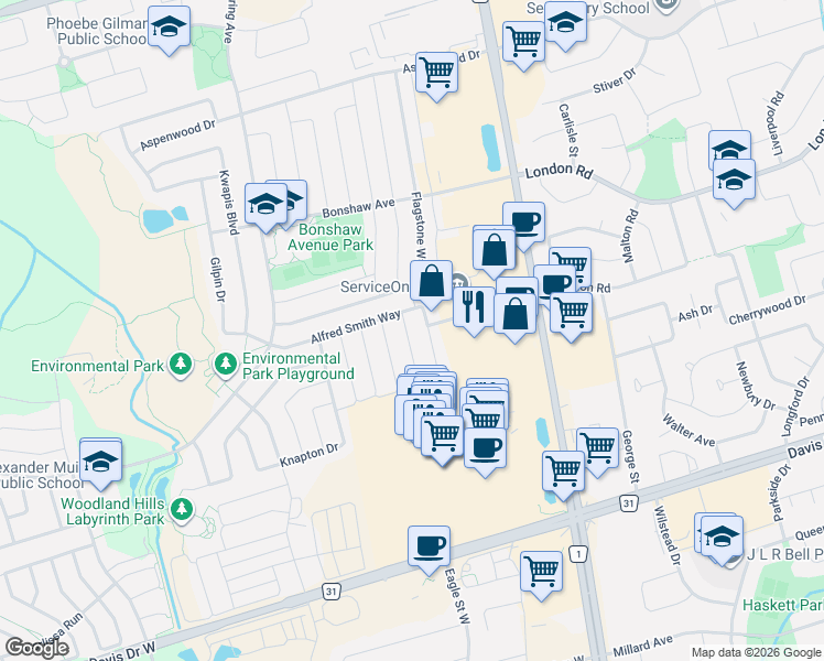 map of restaurants, bars, coffee shops, grocery stores, and more near 193 Dean Burton Lane in Newmarket