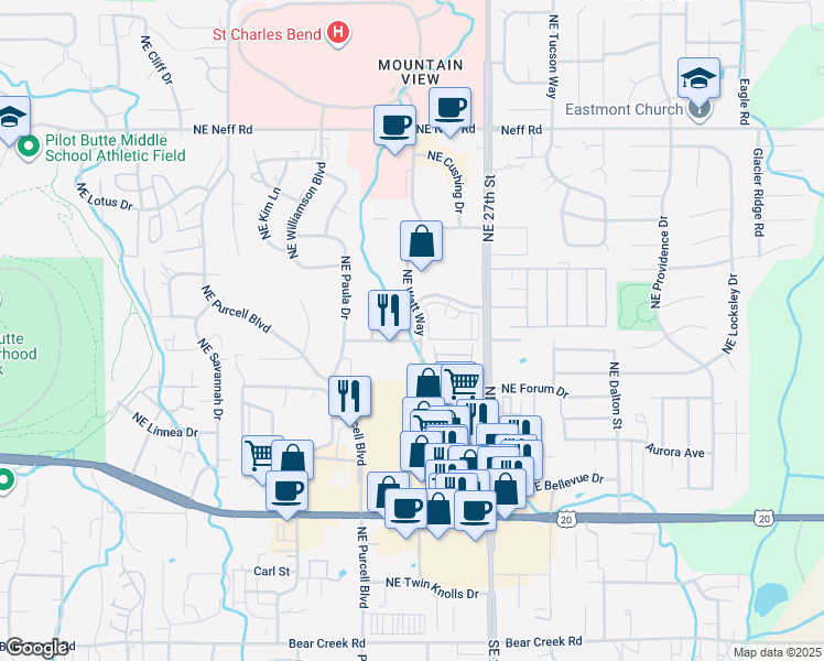 map of restaurants, bars, coffee shops, grocery stores, and more near 2600 Northeast Forum Drive in Bend