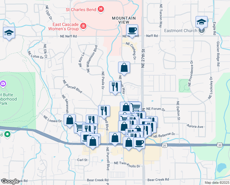 map of restaurants, bars, coffee shops, grocery stores, and more near 825 Northeast Watt Way in Bend