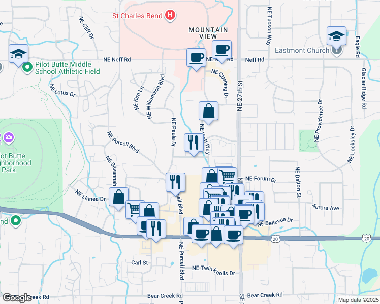 map of restaurants, bars, coffee shops, grocery stores, and more near 825 Northeast Watt Way in Bend