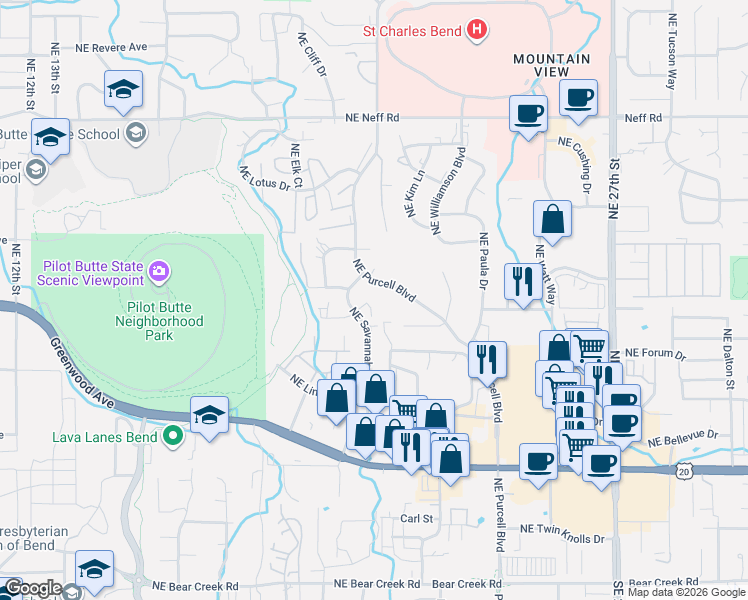 map of restaurants, bars, coffee shops, grocery stores, and more near 2063 Northeast Chanel Court in Bend
