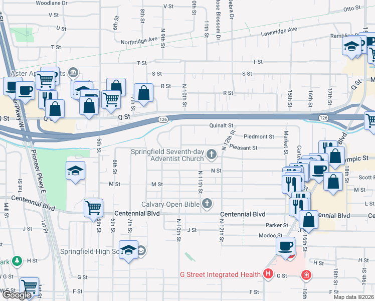map of restaurants, bars, coffee shops, grocery stores, and more near 1017 Olympic Street in Springfield