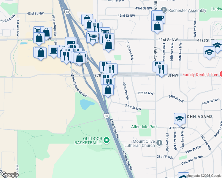 map of restaurants, bars, coffee shops, grocery stores, and more near 3437 22nd Avenue Northwest in Rochester