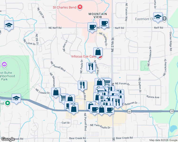 map of restaurants, bars, coffee shops, grocery stores, and more near 2309 Northeast Mary Rose Place in Bend