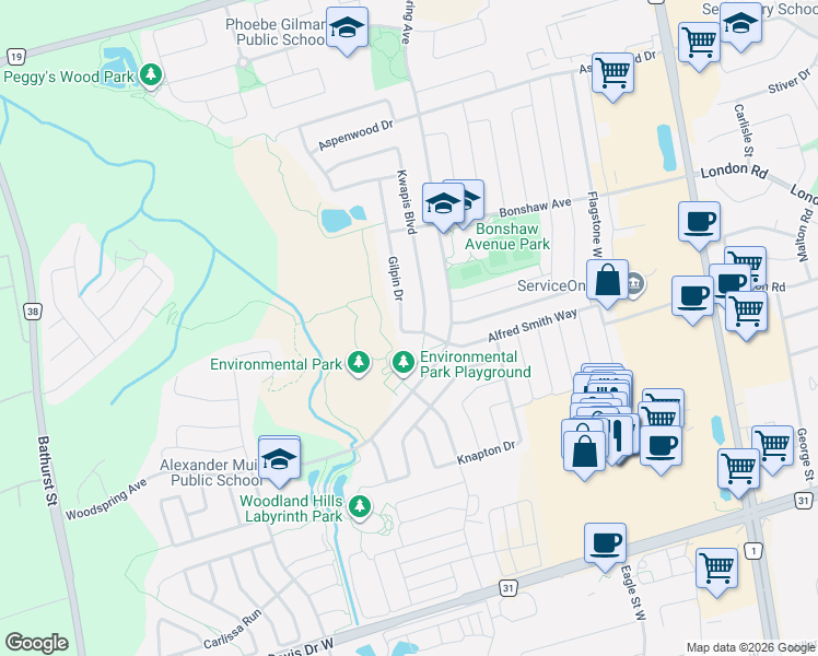 map of restaurants, bars, coffee shops, grocery stores, and more near 350 Gilpin Drive in Newmarket