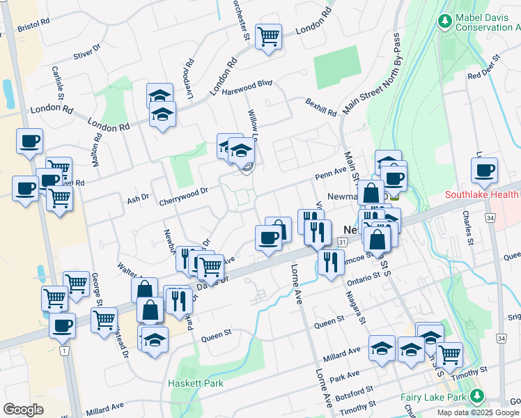 map of restaurants, bars, coffee shops, grocery stores, and more near 272 Penn Avenue in Newmarket