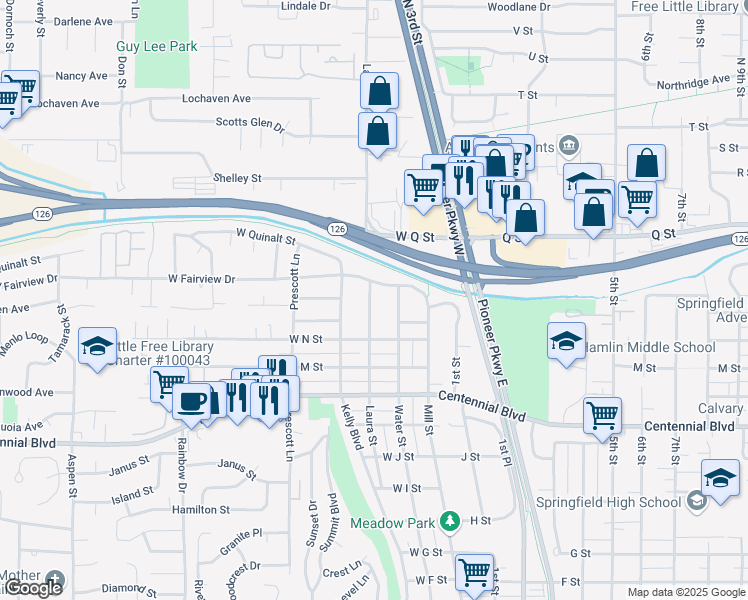 map of restaurants, bars, coffee shops, grocery stores, and more near 1595 Laura Street in Springfield