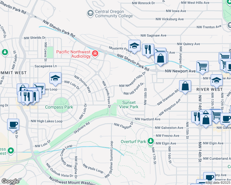 map of restaurants, bars, coffee shops, grocery stores, and more near 2314 Northwest Floyd Lane in Bend