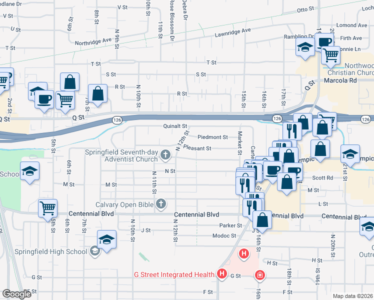 map of restaurants, bars, coffee shops, grocery stores, and more near 1231 Pleasant Street in Springfield