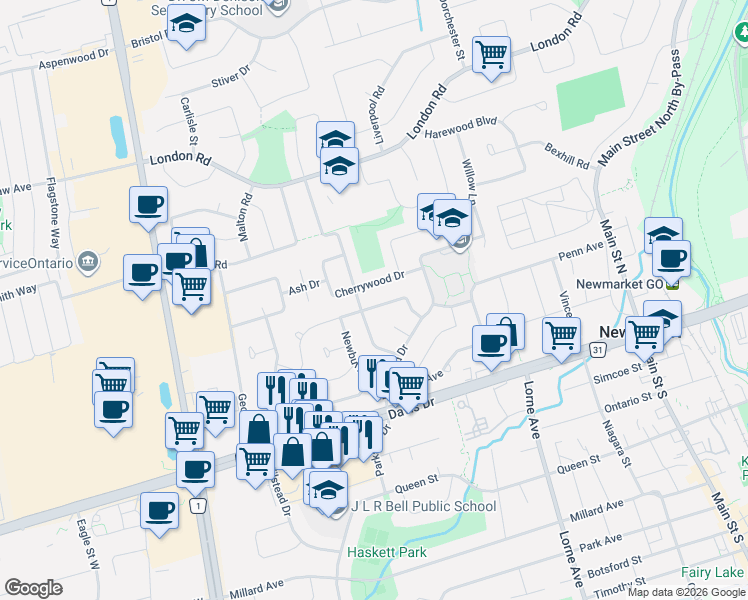 map of restaurants, bars, coffee shops, grocery stores, and more near 187 Septonne Avenue in Newmarket