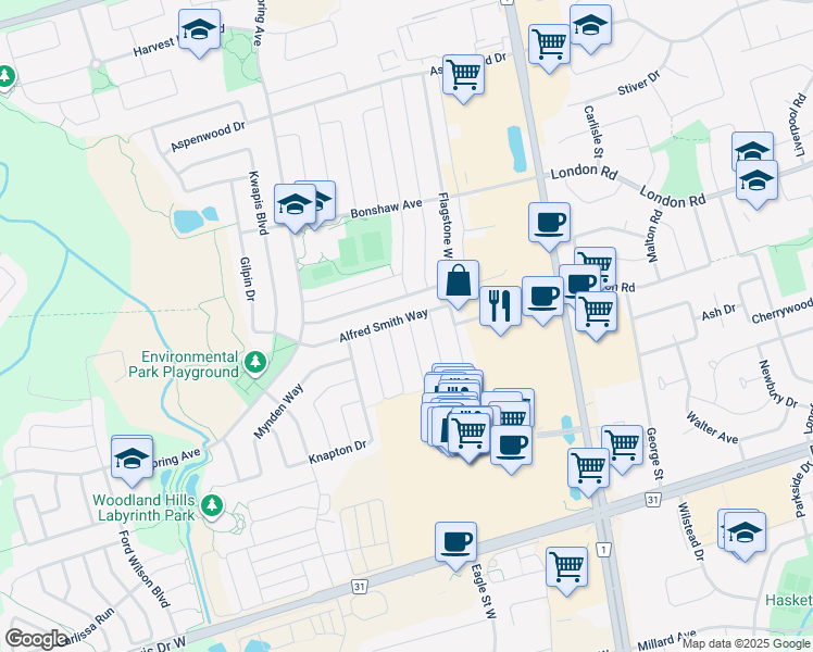 map of restaurants, bars, coffee shops, grocery stores, and more near 35 Matthew Boyd Crescent in Newmarket