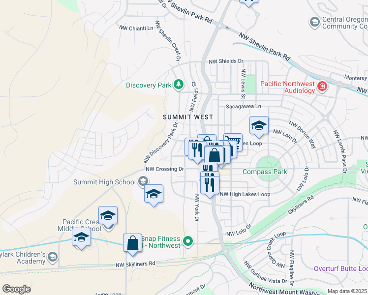 map of restaurants, bars, coffee shops, grocery stores, and more near 2776 Northwest Ordway Avenue in Bend