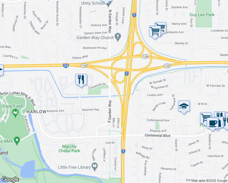 map of restaurants, bars, coffee shops, grocery stores, and more near 175 South Garden Way in Eugene