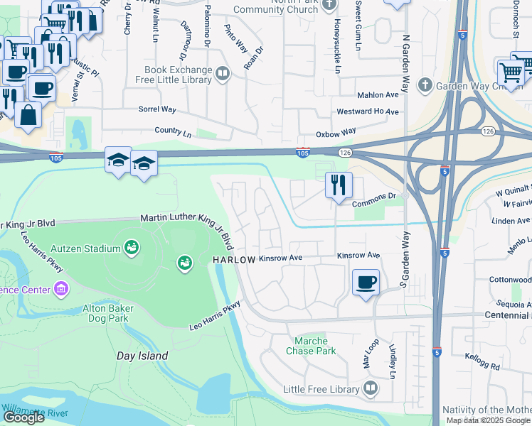 map of restaurants, bars, coffee shops, grocery stores, and more near 3225 Kinsrow Avenue in Eugene