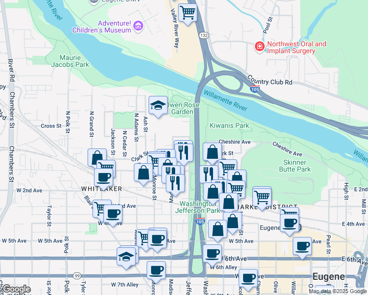 map of restaurants, bars, coffee shops, grocery stores, and more near 36 Jefferson Street in Eugene