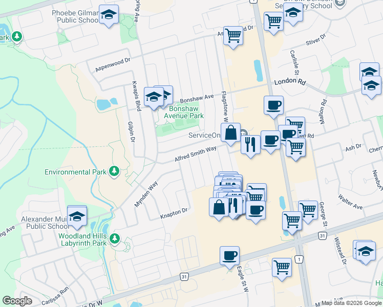 map of restaurants, bars, coffee shops, grocery stores, and more near 142 Alfred Smith Way in Newmarket