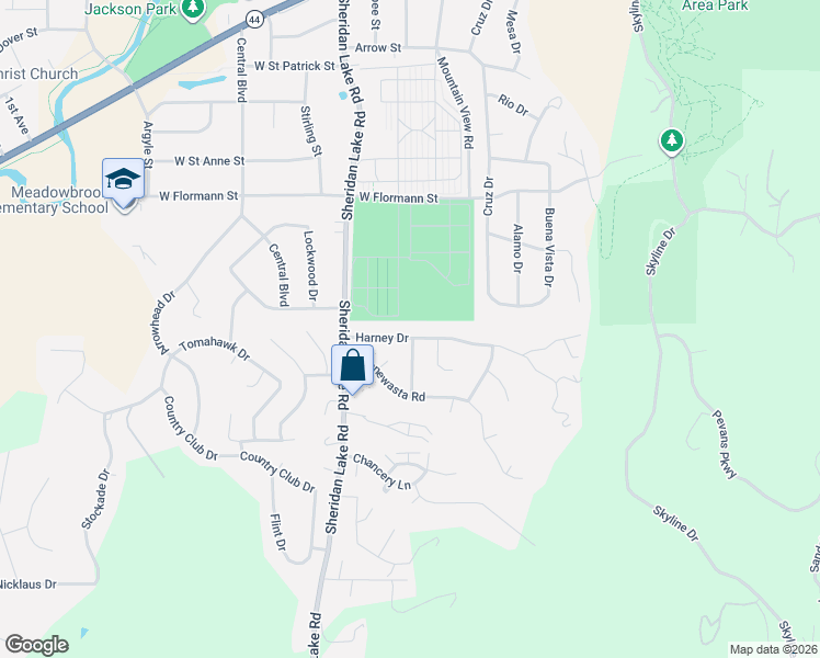 map of restaurants, bars, coffee shops, grocery stores, and more near 2418 Minnewasta Court in Rapid City