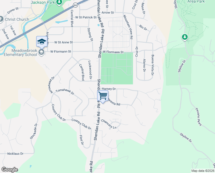 map of restaurants, bars, coffee shops, grocery stores, and more near 2514 Minnewasta Road in Rapid City