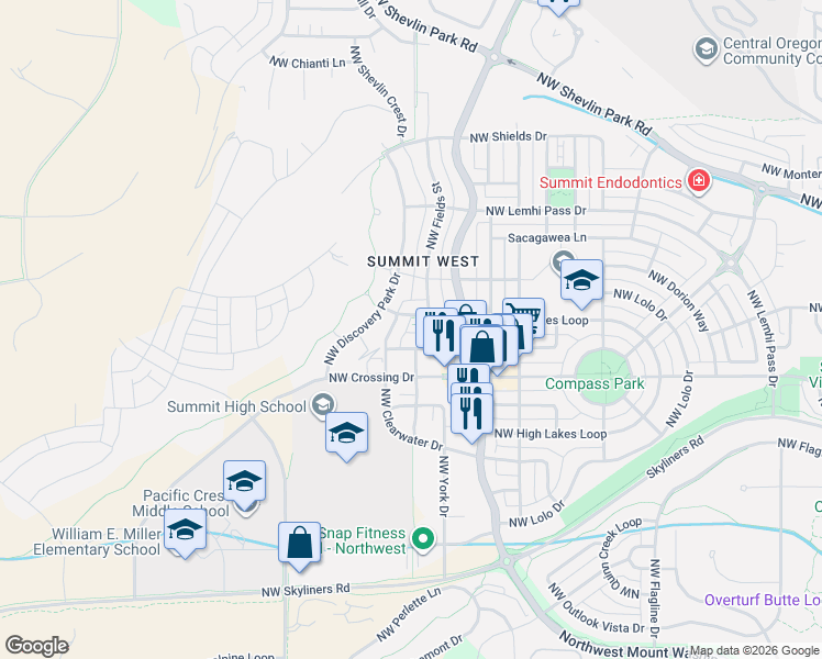 map of restaurants, bars, coffee shops, grocery stores, and more near 2776 Northwest Ordway Avenue in Bend