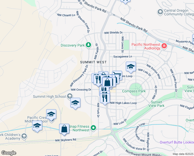 map of restaurants, bars, coffee shops, grocery stores, and more near 2729 Northwest High Lakes Loop in Bend