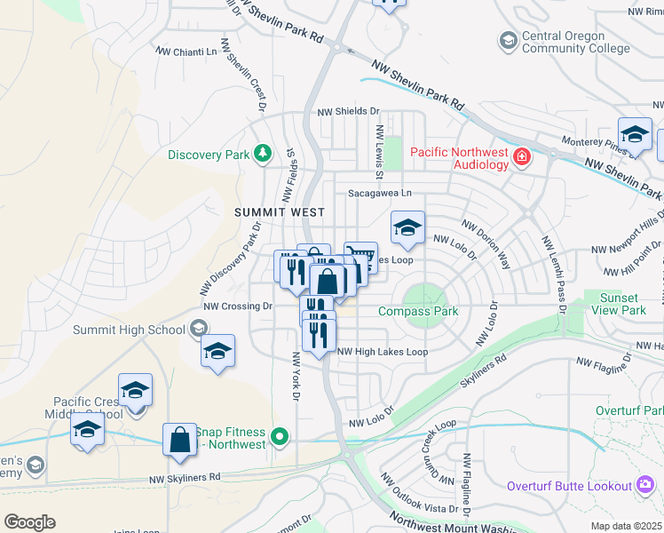 map of restaurants, bars, coffee shops, grocery stores, and more near 2755 Northwest Crossing Drive in Bend