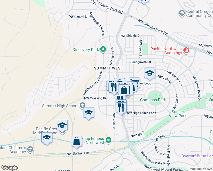 map of restaurants, bars, coffee shops, grocery stores, and more near 2776 Northwest Ordway Avenue in Bend