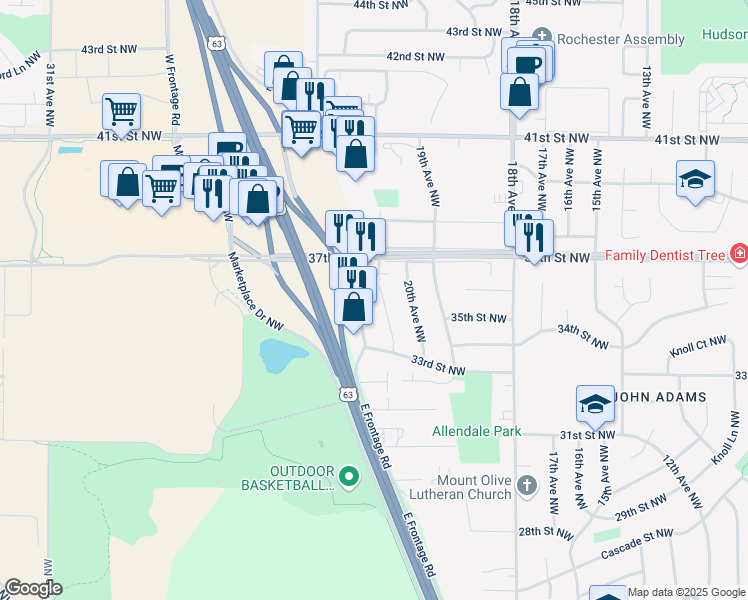 map of restaurants, bars, coffee shops, grocery stores, and more near 3523 21st Avenue Northwest in Rochester