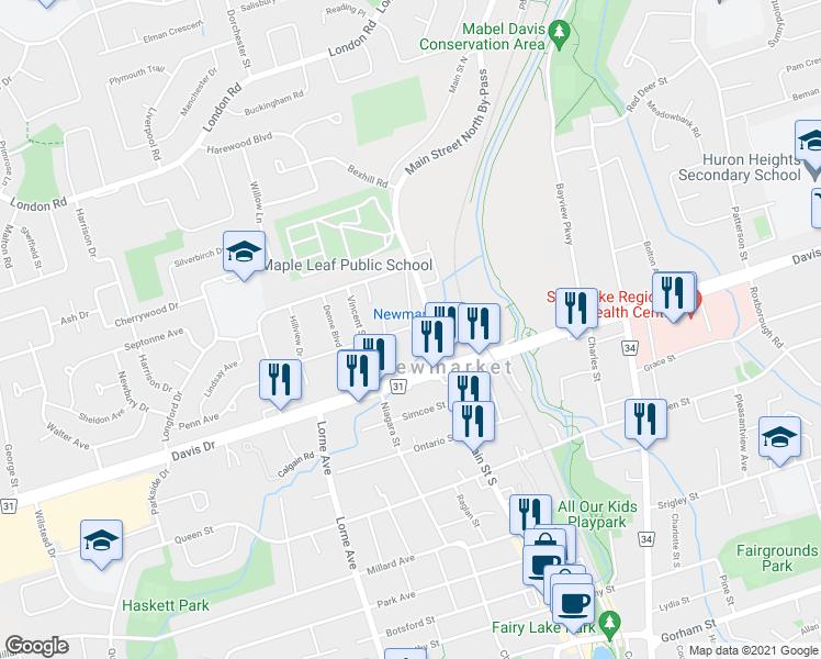 map of restaurants, bars, coffee shops, grocery stores, and more near Amelia St & Charlotte St N in Newmarket