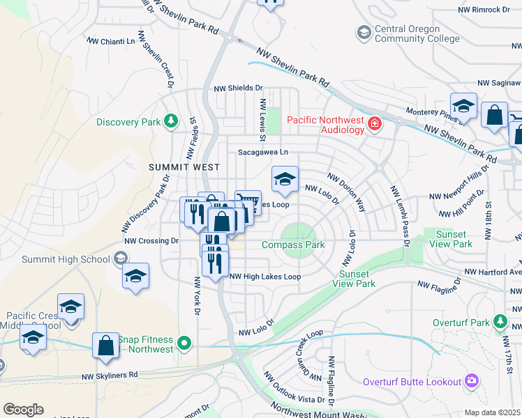 map of restaurants, bars, coffee shops, grocery stores, and more near 2525 Northwest High Lakes Loop in Bend