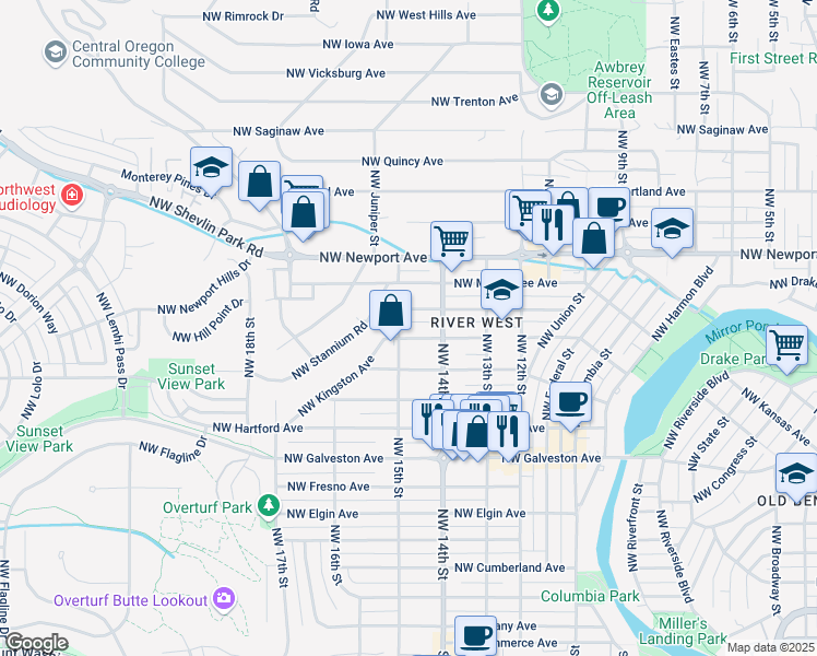 map of restaurants, bars, coffee shops, grocery stores, and more near 1472 Northwest Lexington Avenue in Bend