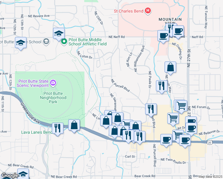 map of restaurants, bars, coffee shops, grocery stores, and more near 1085 Northeast Purcell Boulevard in Bend