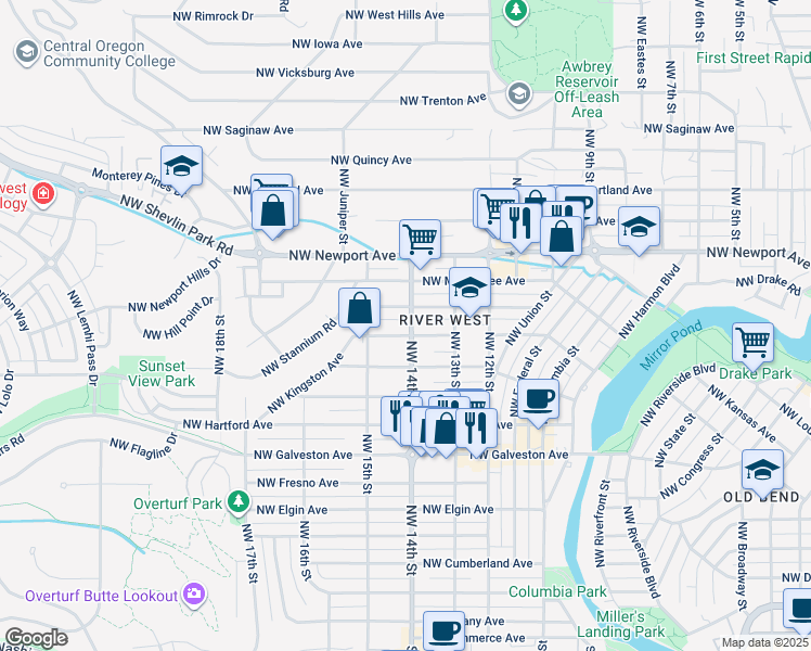 map of restaurants, bars, coffee shops, grocery stores, and more near 1402 Northwest Lexington Avenue in Bend